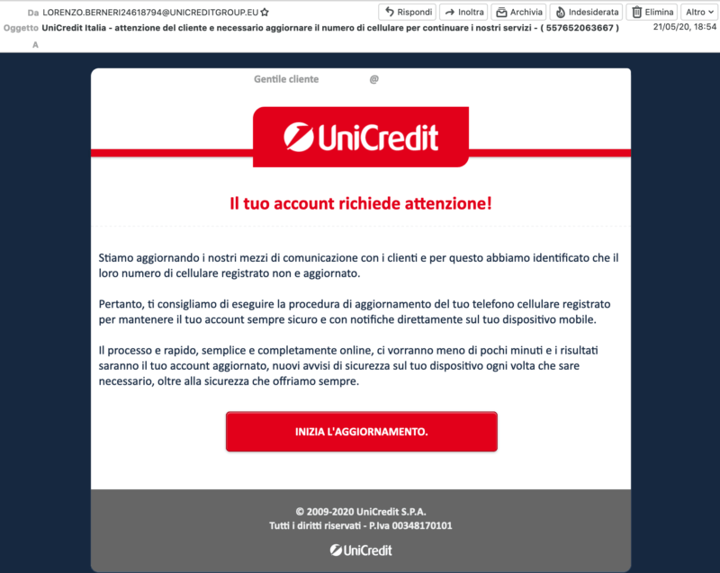 email truffa phishing Unicredit